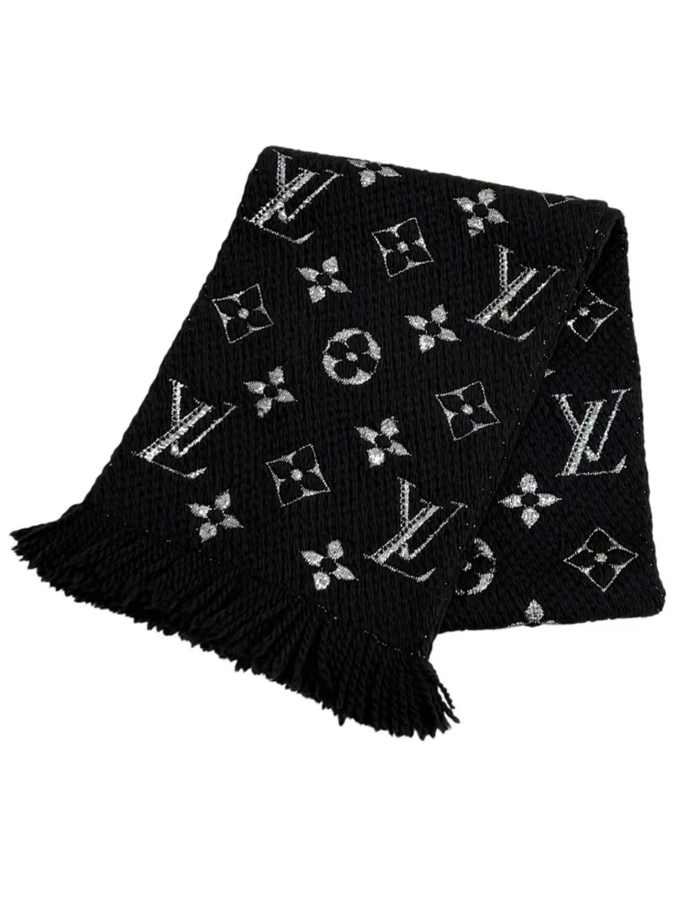 Louis Vuitton Logomania Scarf Shine Wool Silk Blend Black Silver